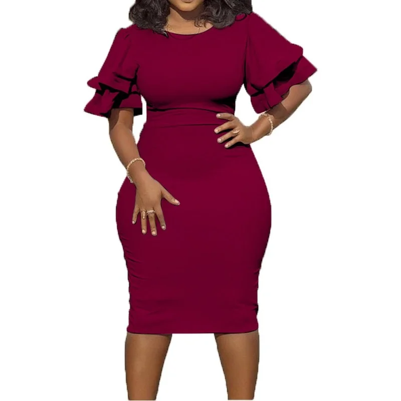 

Plus Size Women Bodycon Dress Elegant Short Sleeve Party Dress 2022 Casual Slim Pencil Pink Summer Midi Dresses Club Outfits 5XL