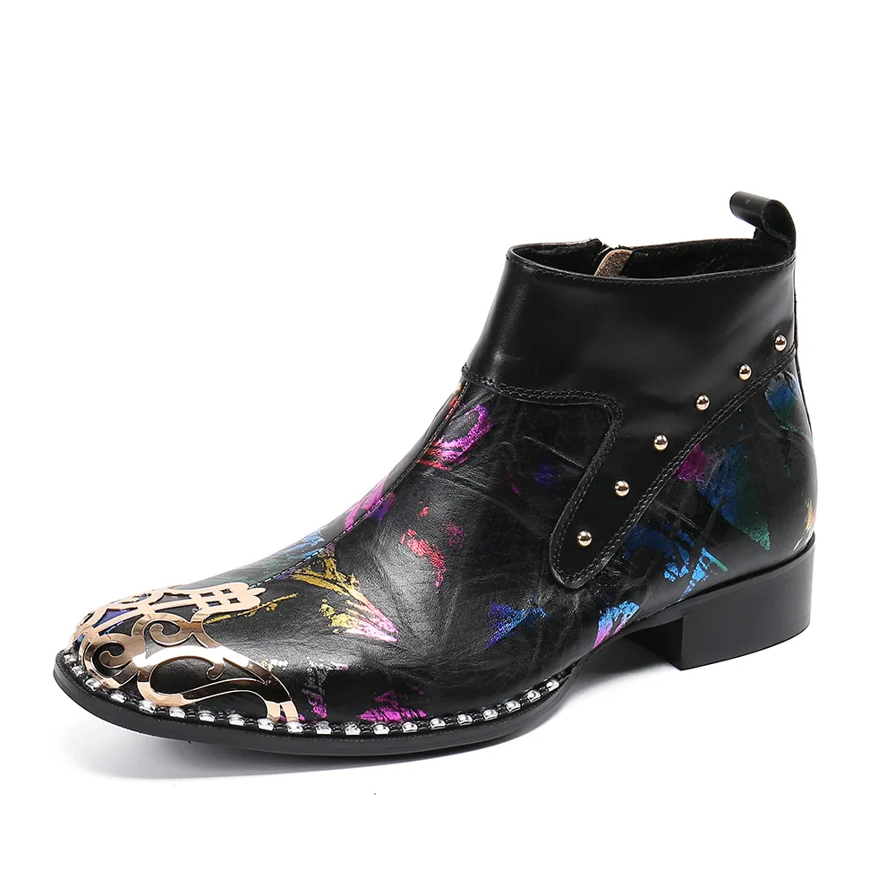 

Winter Casual New Men's Classic Fashion Shoes Personality Graffiti Cowhide Leather Rivets Retro Plus Velvet Men's Boots