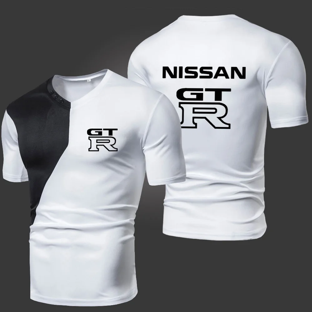 

Summer New Nissan Gtr Men's T-Shirts Solid Color Splicing Casual Breathable Sports Slim Fitting Short Sleeve V-Neck Spotswear