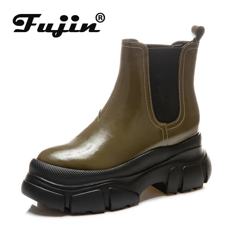 

Fujin 8CM New Genuine Leather Chelsea Chimney Ankle Mid Calf Booties Women Spring Autumn Ladies Slip on Platform Non Slip Shoes