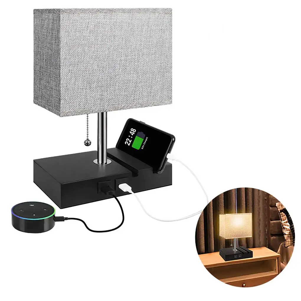 

Декоративная настольная лампа, современный прикроватный светильник с 2 USB-портами, льняной абажур для спальни, гостиной
