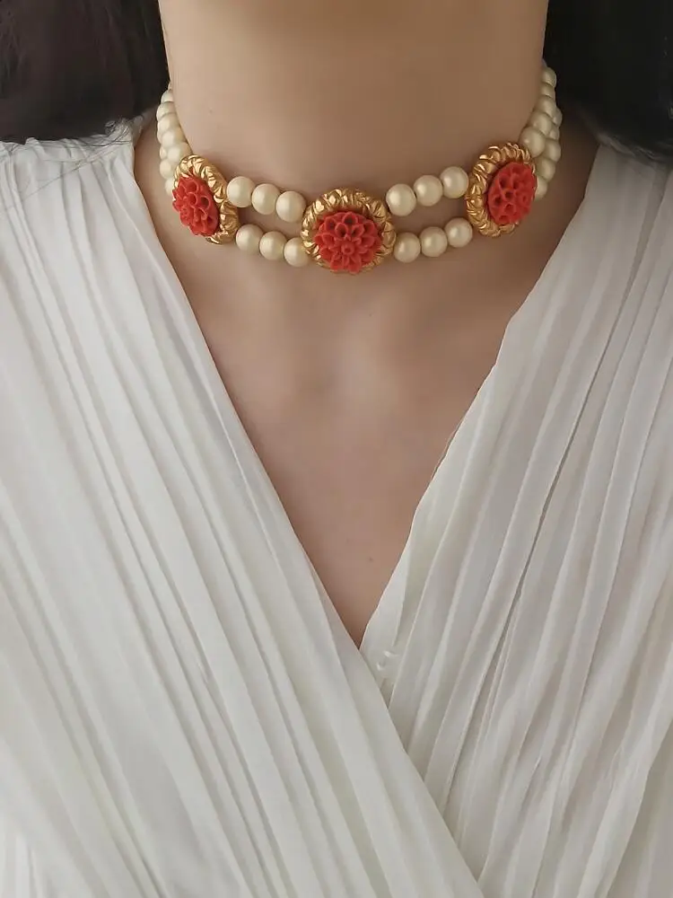 

Timeless Wonder Retro Stone Lotus Layered Pearl Necklace for Women Designer Jewelry Goth Runway Party Rare Punk Gift Set 4528