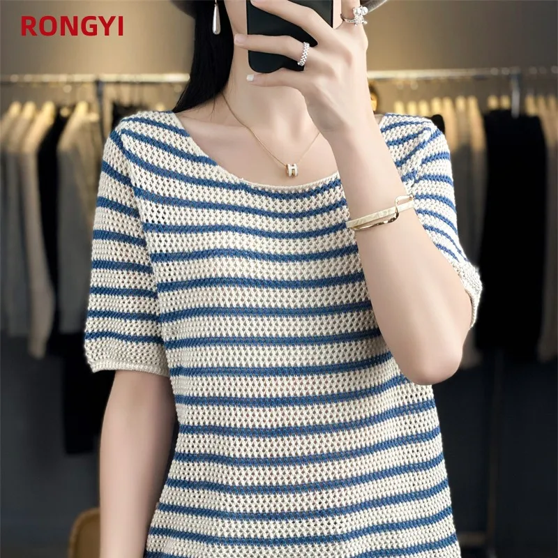 

RONGYI 100% Cotton Short-Sleeved T-Shirt Women's Thin Summer Striped O-Neck Knitted Bottoming Shirt And Half-Sleeve Casual Shirt