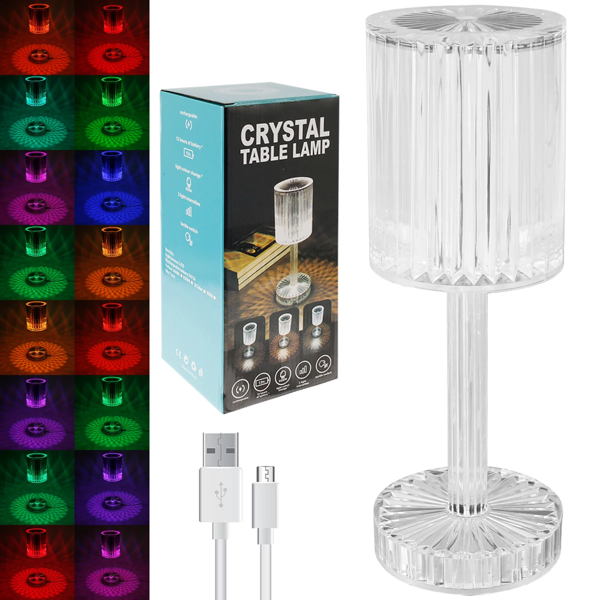 

Crystal Bedside Table Lamp Rechargeable RGB LED Night Light with Touch Control 16 Colors Changing Acrylic Rose Diamond Lamp for