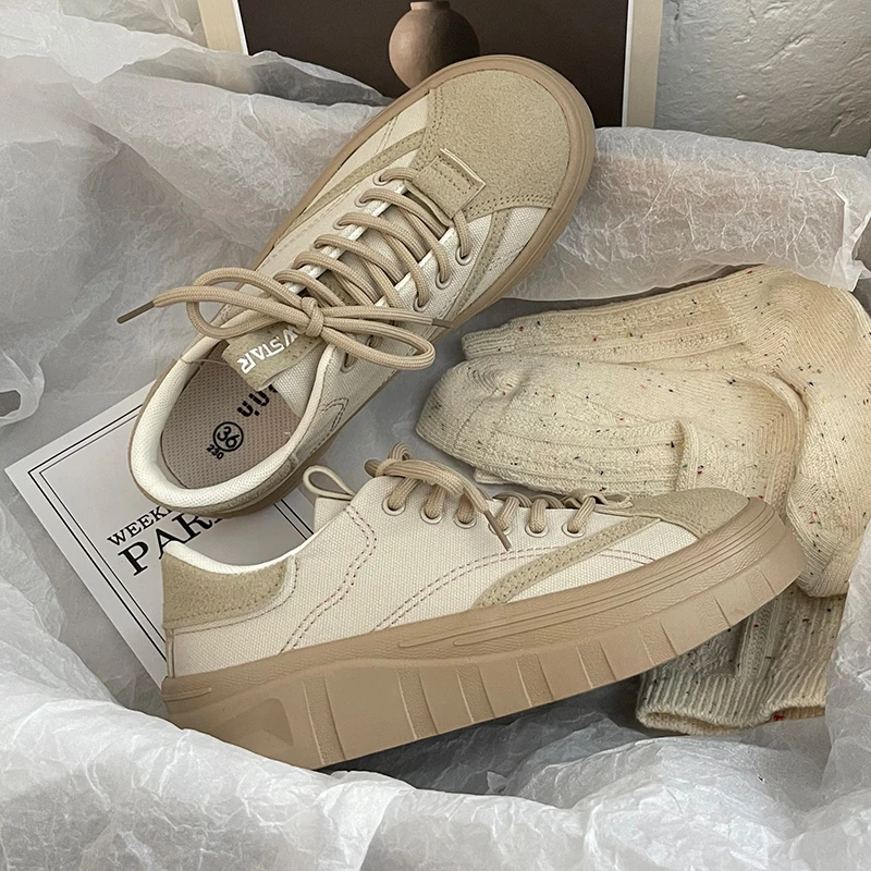 

4cm New Fashion Rubber Buttom Platform Flats Casual Style Canvas Shoes Women Off white Sneakers 39 40