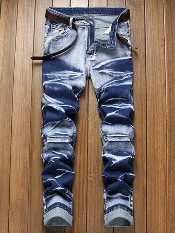 Джинсы мужские рваные четырех сезонные, Прямые хлопковые брюки в складку, модные Молодежные синие джинсы, Y2k