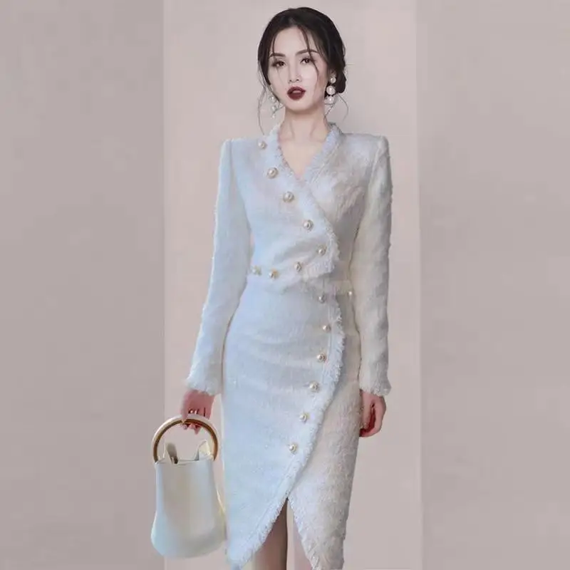 

High Quality Skirts Two Piece Set Women Woolen Jacket Coat Crop Top & Bodycon Skirt Suits Autumn Winter Sweet 2 Piece Sets E385