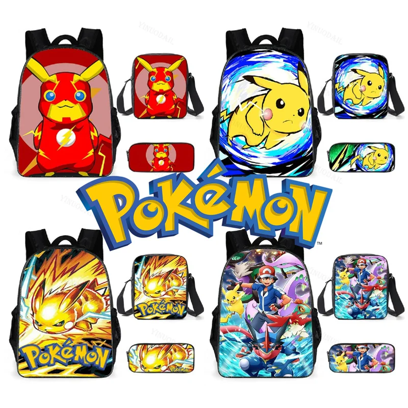 

Raichu 3Pcs Backpack Set Pikachu Pokemon Eevee Print Anime Bulbasaur Pencil Case Shoulder Bag Student Clutch Packet Stationery