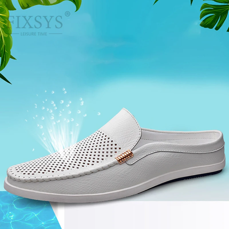 

FIXSYS 2022 Summer Man Slipperes Hollow Breathable Mules Outdoor Leather Casual Shoes Ligtweight Men Half Shoes Handmade Sandals