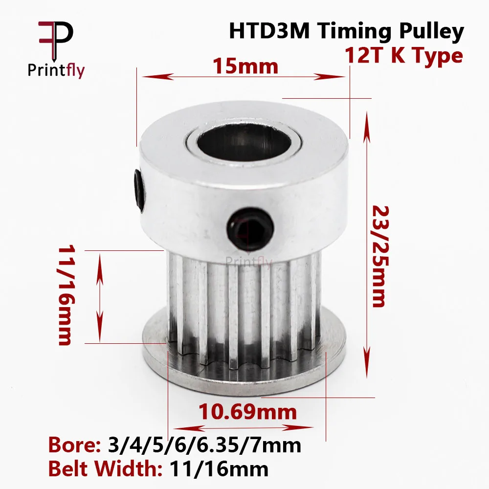 

HTD3M 12Teeth Timing Pulley Bore 3/4/5/6/6.36/7mm Belt Width 11/16mm Pitch 3mm Timing Belt 12T 12 Teeth K Type For 10/15mm Belt