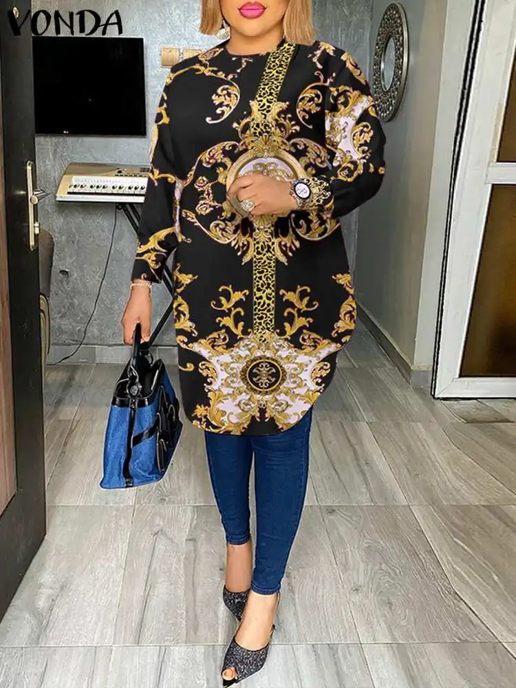 

Vintage Printed Blouses 2023 VONDA Women Long Sleeve Fashion Shirt Casual Loose Long Tops Asymmetrical Bohemian Blusas Femininas