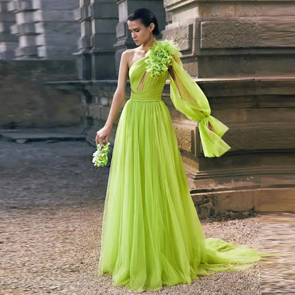 

Summer Avocado Green Illusion One Shoulder Tulle Women Evening Dresses To Party Puff Sleeves 3D Flower A-line Long Prom Gowns