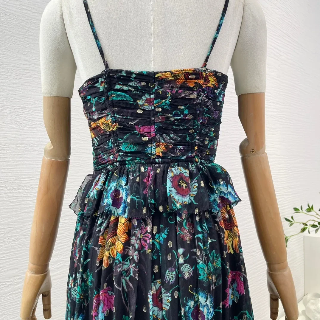 Женское винтажное платье макси черное с цветочным принтом оборками без бретелек