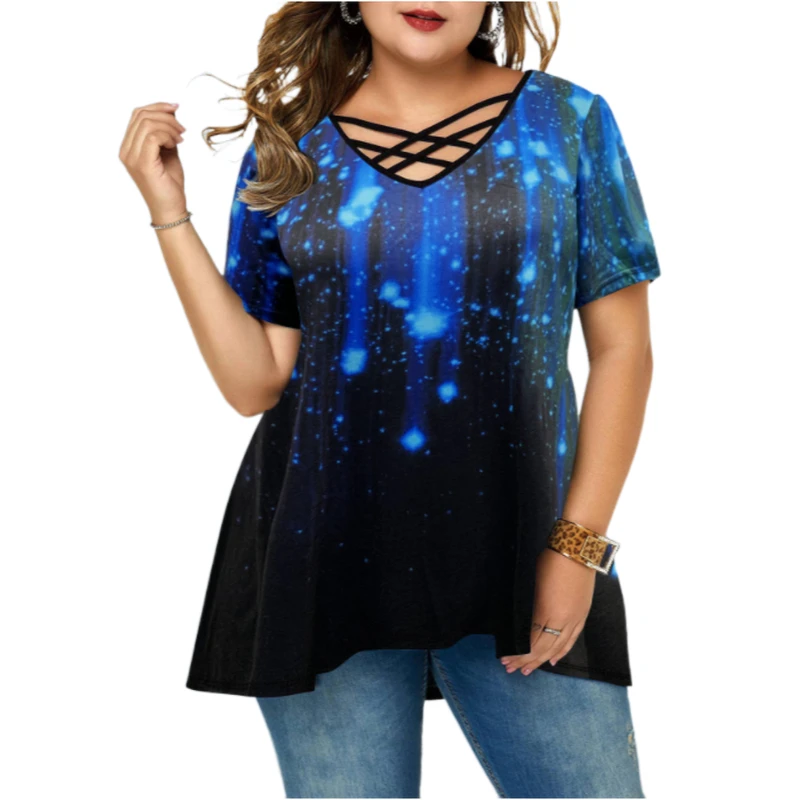 5XL Plus Size Women Gradient Print Tunic T-Shirt Summer 2022 Casual Short Sleeve Irregular Hem Boho Oversized Tops Tunicas Mujer
