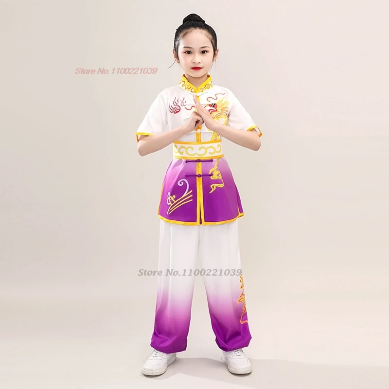 2024 chinese traditional children wushu tai chi martial arts kung fu suit dragon print stage performance training exercise set