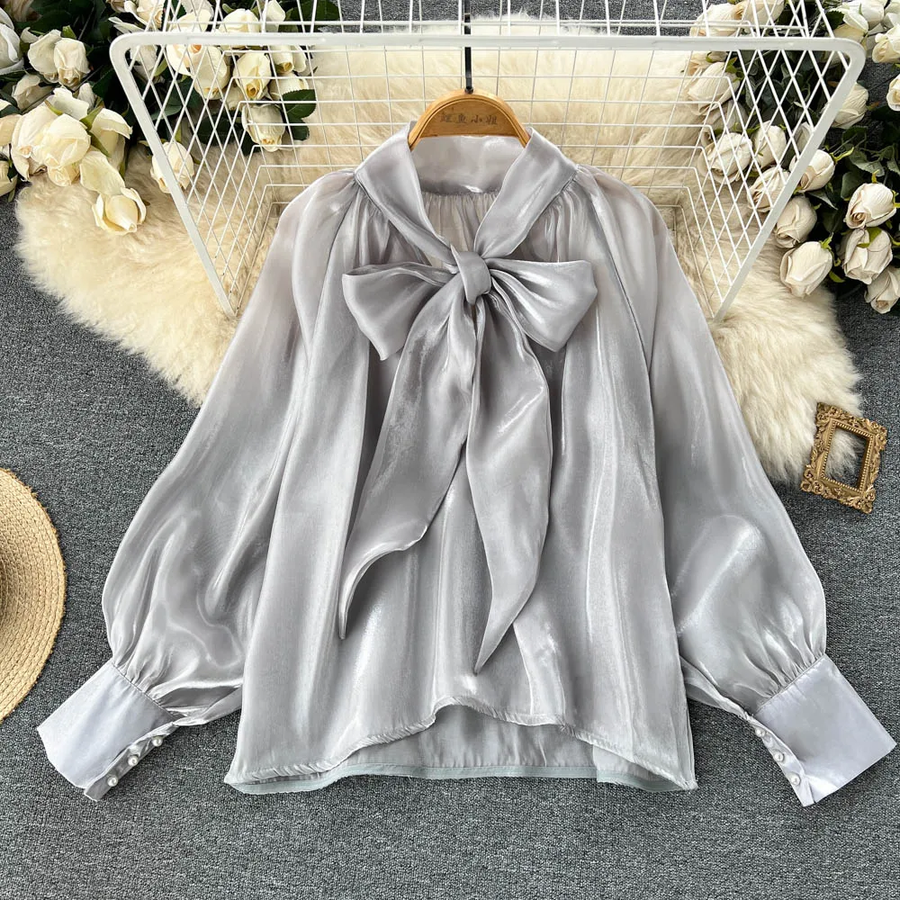 

Дизайнерская рубашка VANOVICH с круглым вырезом и рукавами-фонариками, Новинка осени 2022, Женский Свободный Повседневный Яркий модный однотонны...