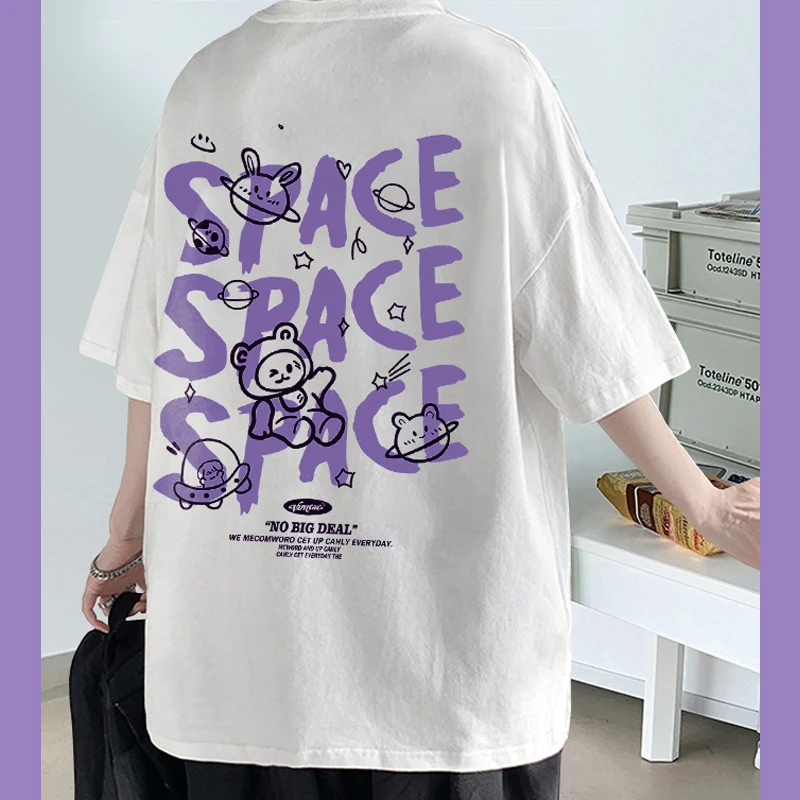 

SPACE Cartoon Print 100% Cotton T-shirt Graphic Men Tshirt Casual Baggy Short Sleeve Leisure Style Oversized T Shirt Clothing