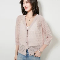 cardigan womens sweater with 2022 new high end summer thin loose sunscreen shirt hollow knitted top with three quarter sleeves