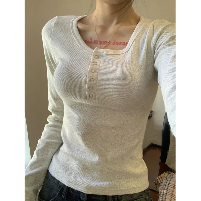 Рубашка Gyaru с длинными рукавами и U-образным вырезом облегающая сорочка из хлопка