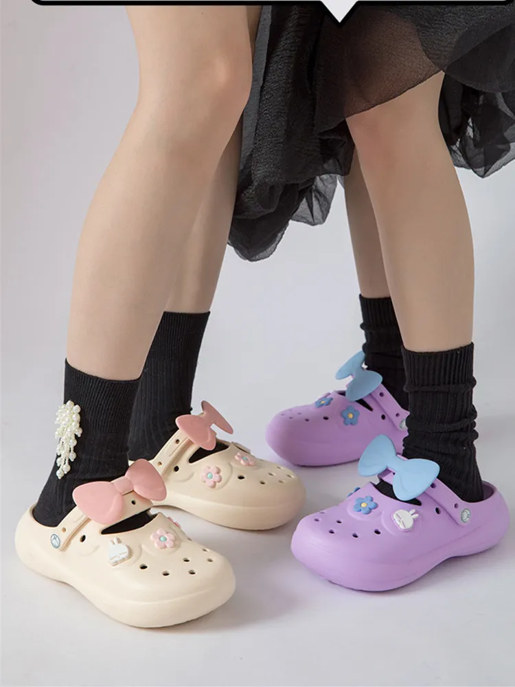 2023 New Garden Shoes Hole Slippers Women's Lovely Summer Thick Sole Anti Slip Bow Slippers Women's Summer Flips Flops