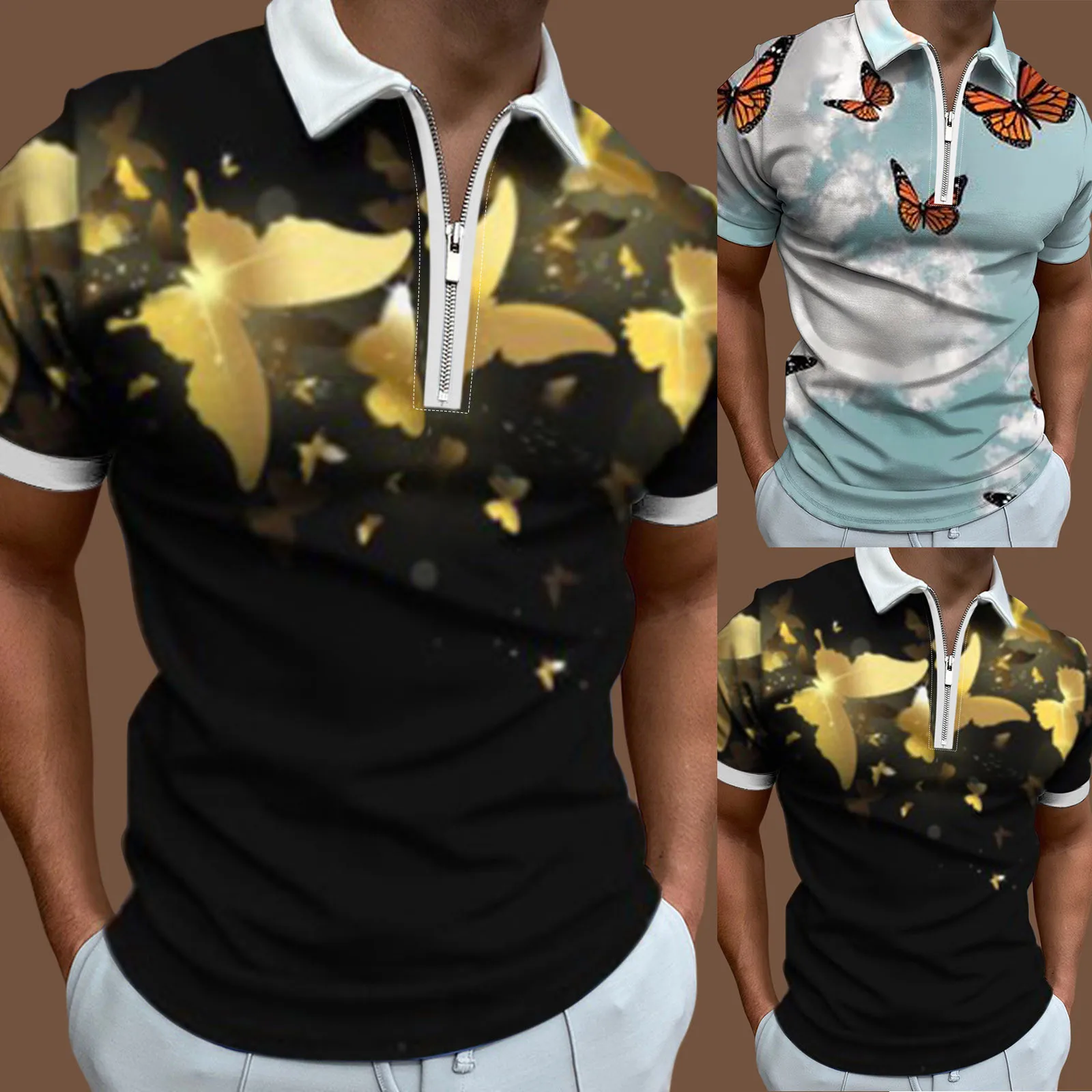 

White Long Sleeve Top Male Casual Print Zipper Turn Down Collar Blouse Short Sleeve Thick Cotton T Shirts for Men Solid Shirt