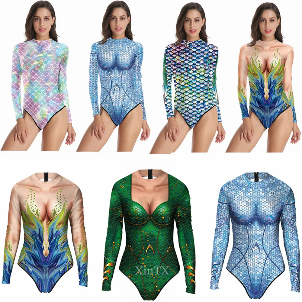

Новый Цельный купальник с трехмерным принтом в виде чешуи русалки с длинным рукавом, боди, костюм русалки, купальник для взрослых женщин