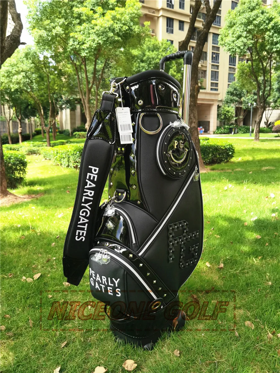 2022 New PG Rivet smiley Golf Bag white and black PU waterproof golf bag with pulley trolley golf bag the fashion bag
