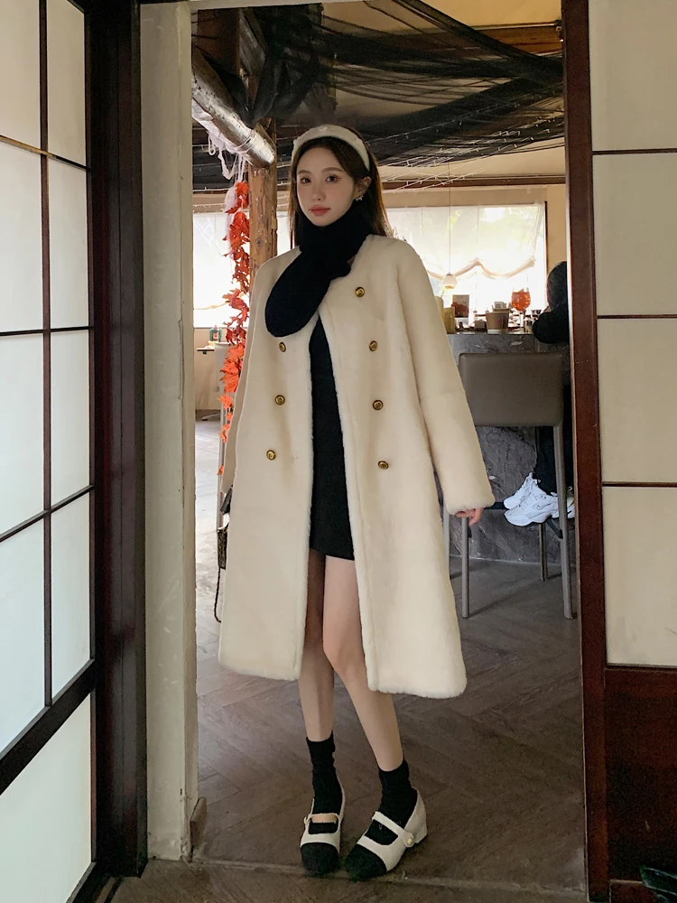 Fur Coat Women's Straight Loose Cashmere Lamb Wool Leather Fur Coat round Neck New