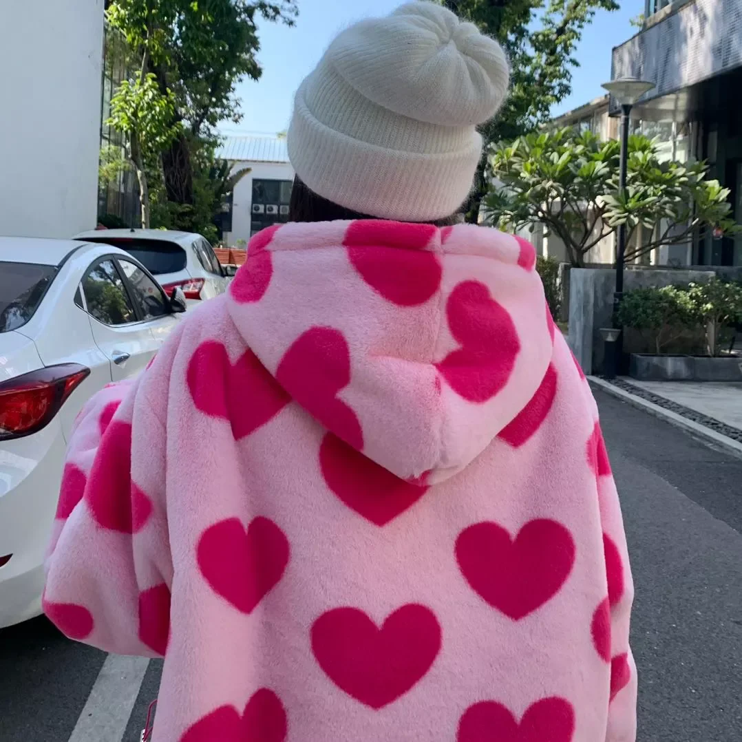 

2023NEW Winter Thick Jackets Women Comfortable Sweet Loose Heart-shaped Print Hooded Coat Fashion Casual Warm Couple Tops Street