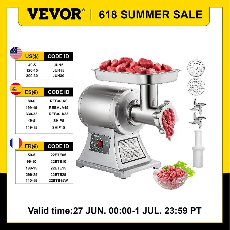 

VEVOR Commercial Electric Meat Mincer 250KG/H Stainless Steel Portable Chopper Food Processors Kitchen Grinder Slicer Machine