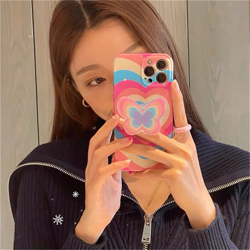 Корейский милый радужно-розовый чехол для телефона с держателем на бабочке и сердце для iPhone 14 13 12 11 Pro Max X XR 7 8 Plus.