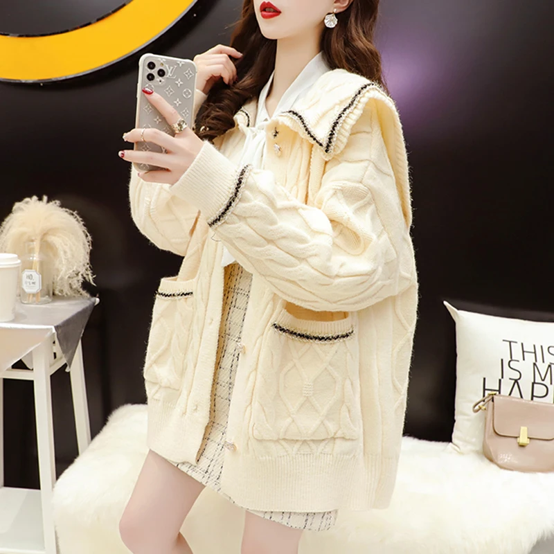 

Spring Korean Fashion Patchwork Knitted Sweater Women Loose Cardigan Jumpers Ladies Big Pocket Long Sleeve Knitting Tops Female