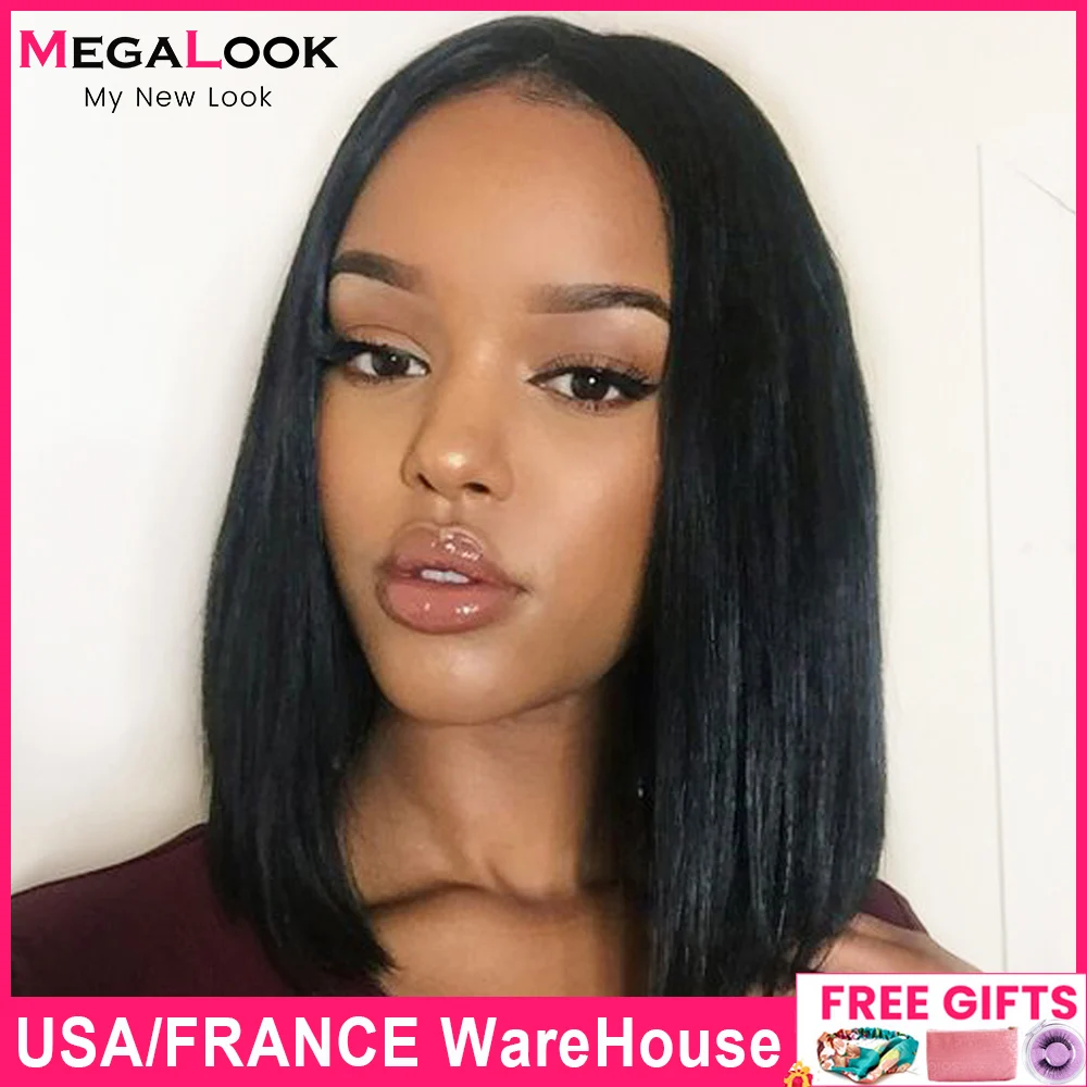 

HD Lace Front Human Hair Wigs Transparent Lace Bob Wig MEGALOOK T Part Lace Wigs For Women Brazilian Straight Hair Short Bob Wig