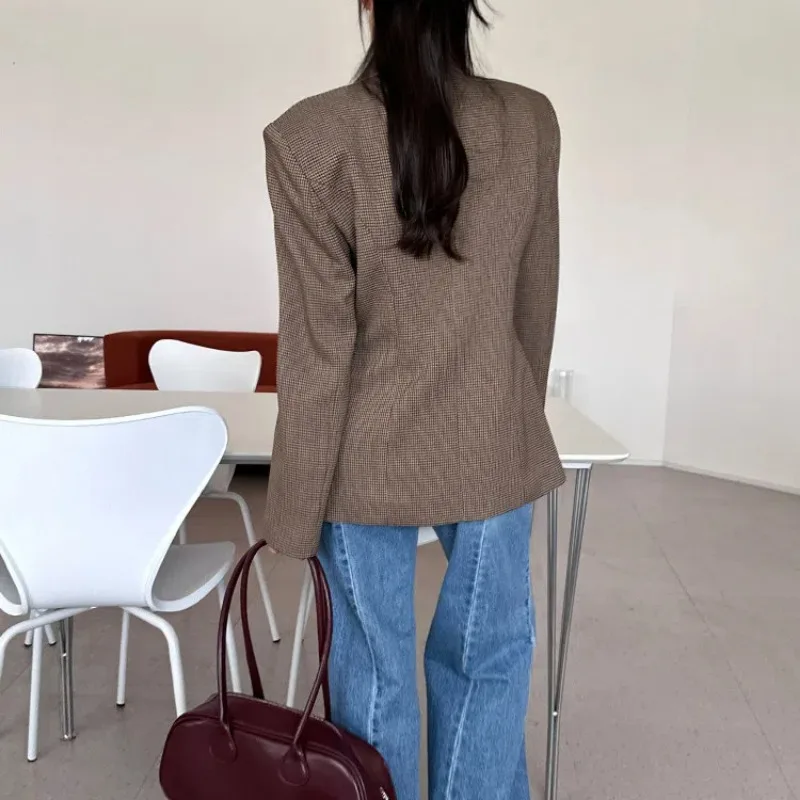 Женский приталенный клетчатый Блейзер однобортный в винтажном стиле Осень-зима