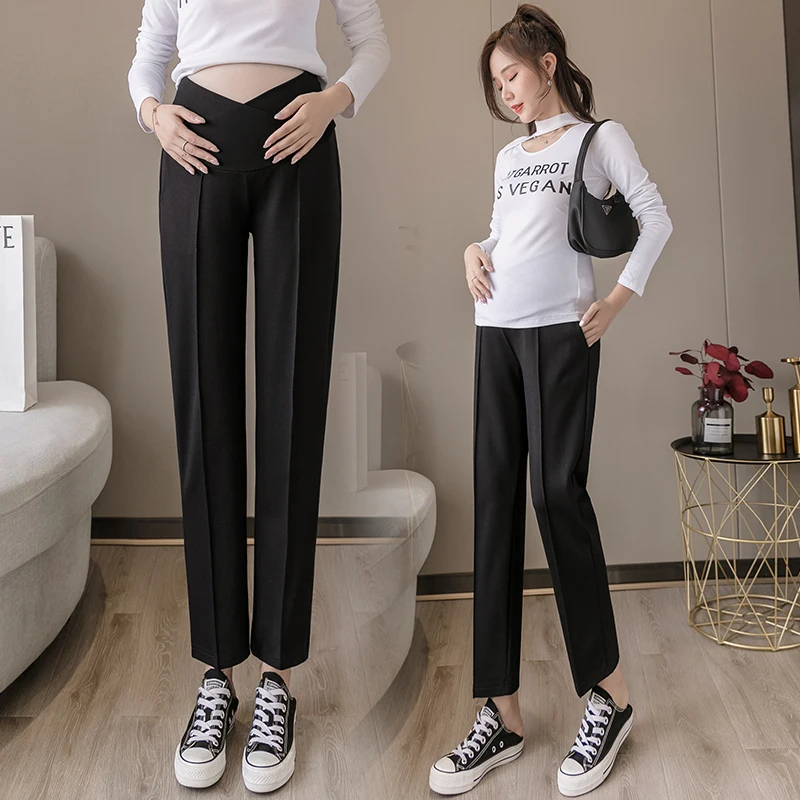 

6058 Spring Summer Thin Black Maternity Straight Pants Across V Belly OL Formal Work Laides Clothes for Pregnant Women Pregnancy