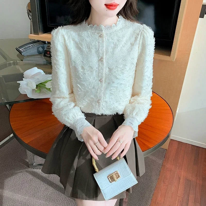 Модная женская рубашка с воротником-стойкой бархатная утепленная кружевная