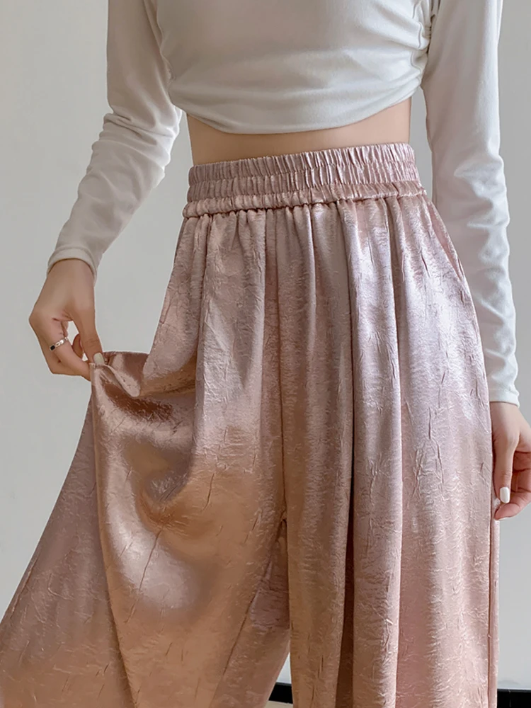 

Новые свободные атласные широкие брюки, женские штаны с высокой талией, повседневные тонкие Гладкие Брюки, корейские мягкие прямые спортивные брюки