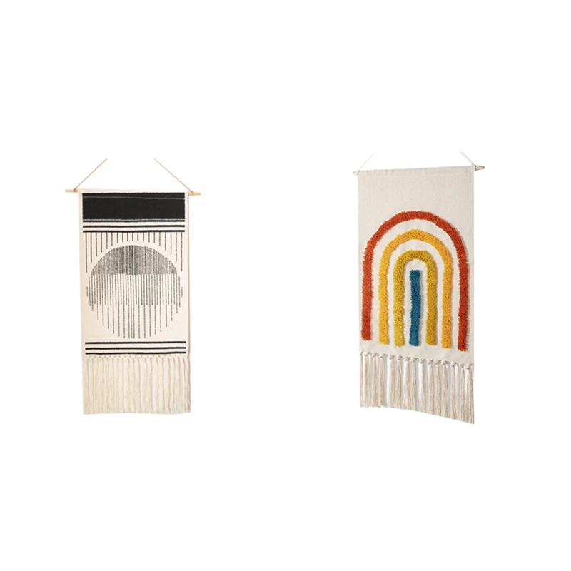 

Home Boho Decor Cotton Handmade Woven Wall Hanging Tapestry Colorful Printing Hand Knotted Wall Tassels Decoration