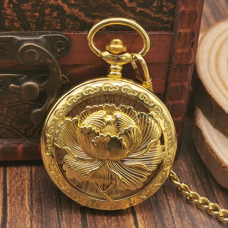 

Gold Engraved Vintage Mechanical Pocket Watch Pendant With Chain Roman Numerals Display Men Women Fashion Gift