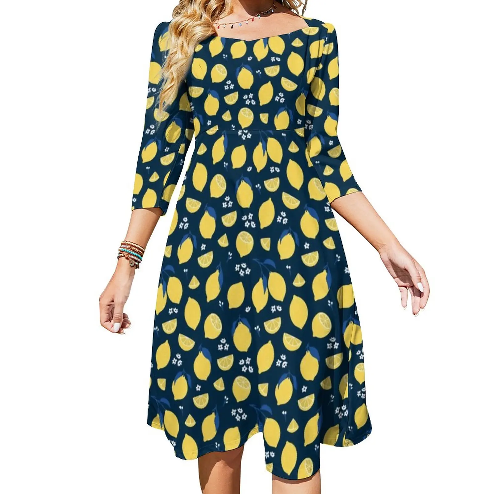 

Платье женское с принтом в виде желтых фруктов, милое повседневное с графическим принтом, с рукавом три четверти, в Корейском стиле, большие ...