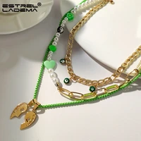 new multilayer golden broken heart evil eye pendant necklace for women green heart flower pearl beaded choker necklaces jewelry