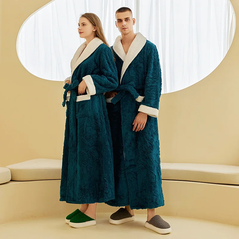 Couple Long Robes Night Sleepwear Dressing Gown Winter Coral Fleece Bathrobe Kimono Warm Green Flannel Jacquard Bath Robe