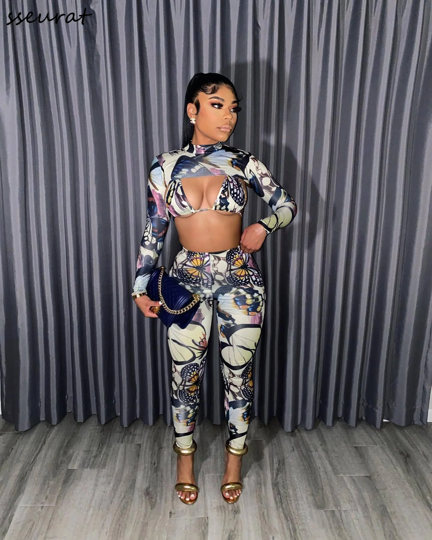 

3 Pieces Pants Sets Women Butterfly Printed Bra Top & Bodycon Slim Pants Sexy Club Outfits