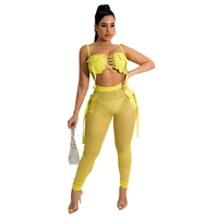 wishyear 2022 womens set 2 pieces tracksuit suits outfits two piece set clothing mesh strapless top and pencil pants trouser