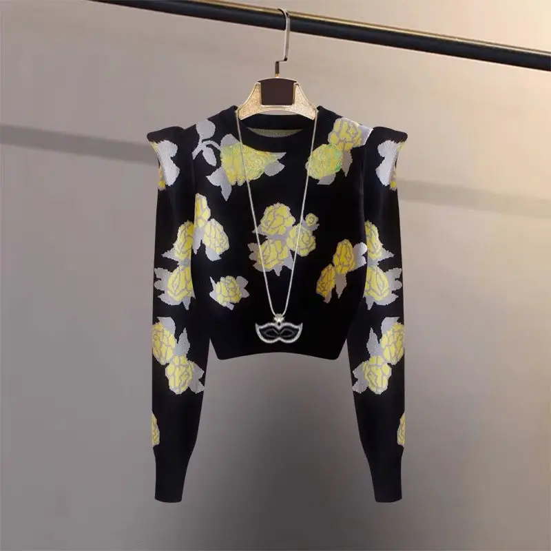 Autumn 2022 New Style Flower Round Neck Long Sleeve Slim Knitted Shirt Women's Top  blusa de frio feminina  O-Neck