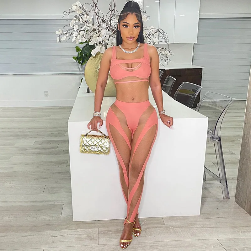 

BoozRey Mesh Patchwork Two Piece Set Women Slim Hole Sleeveless Vest+Mid Waist See Through Leggings High Street Attirewear Suits