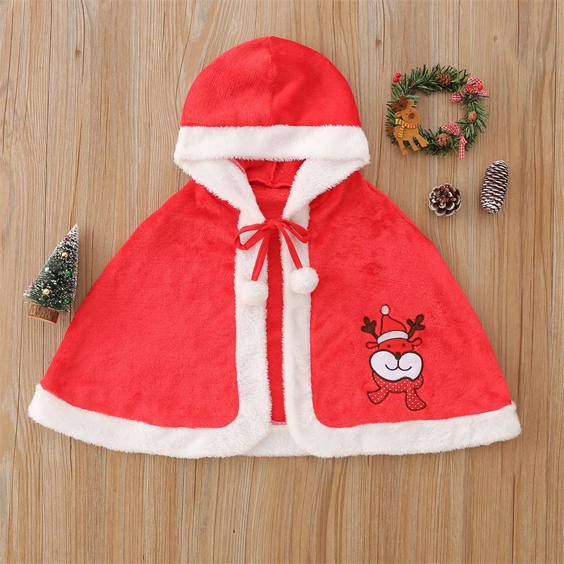 

3-8T Children'S Christmas Dress Up Clothes Girls Red Elk Shaped Cloak Thickened Santa Flannel Warm Shawl Clothes