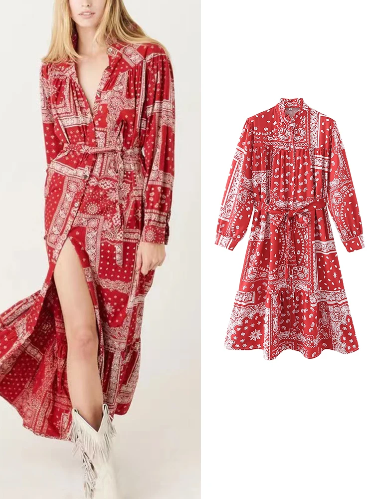 

TFMLN Summer Red Women Printed Dress With Belt 2022 Vintage Female Mid-Calf Long Sleeve Dresses Ruffles Collar Outwear