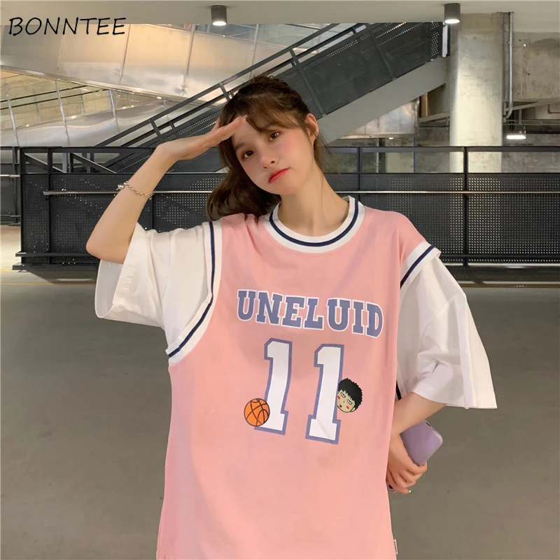 

Half Sleeve T-shirts Women Fake Two Pieces Loose Summer Clothes Print Design Students Harajuku Sporty Sweet Fashion Korean Tops