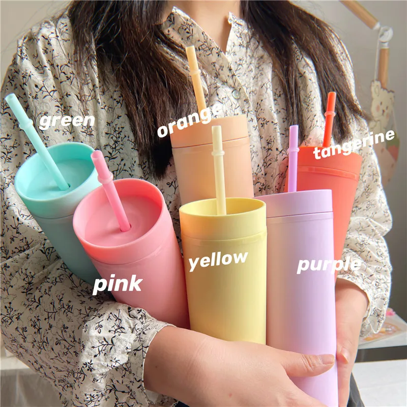 

Simple Fashion Candy Color Water Bottle With Straw Double-layer Plastic Heat-resistant Frosted Water Cups Summer Cold Drink Cup